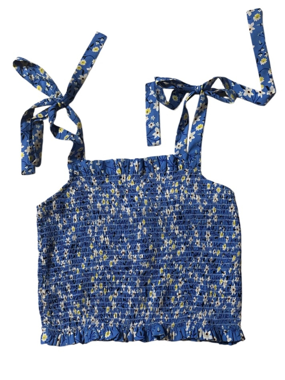 Boohoo Blue Floral Smocked Tie-Strap Crop top. Ruffle detailing. Dainty. M-L fit